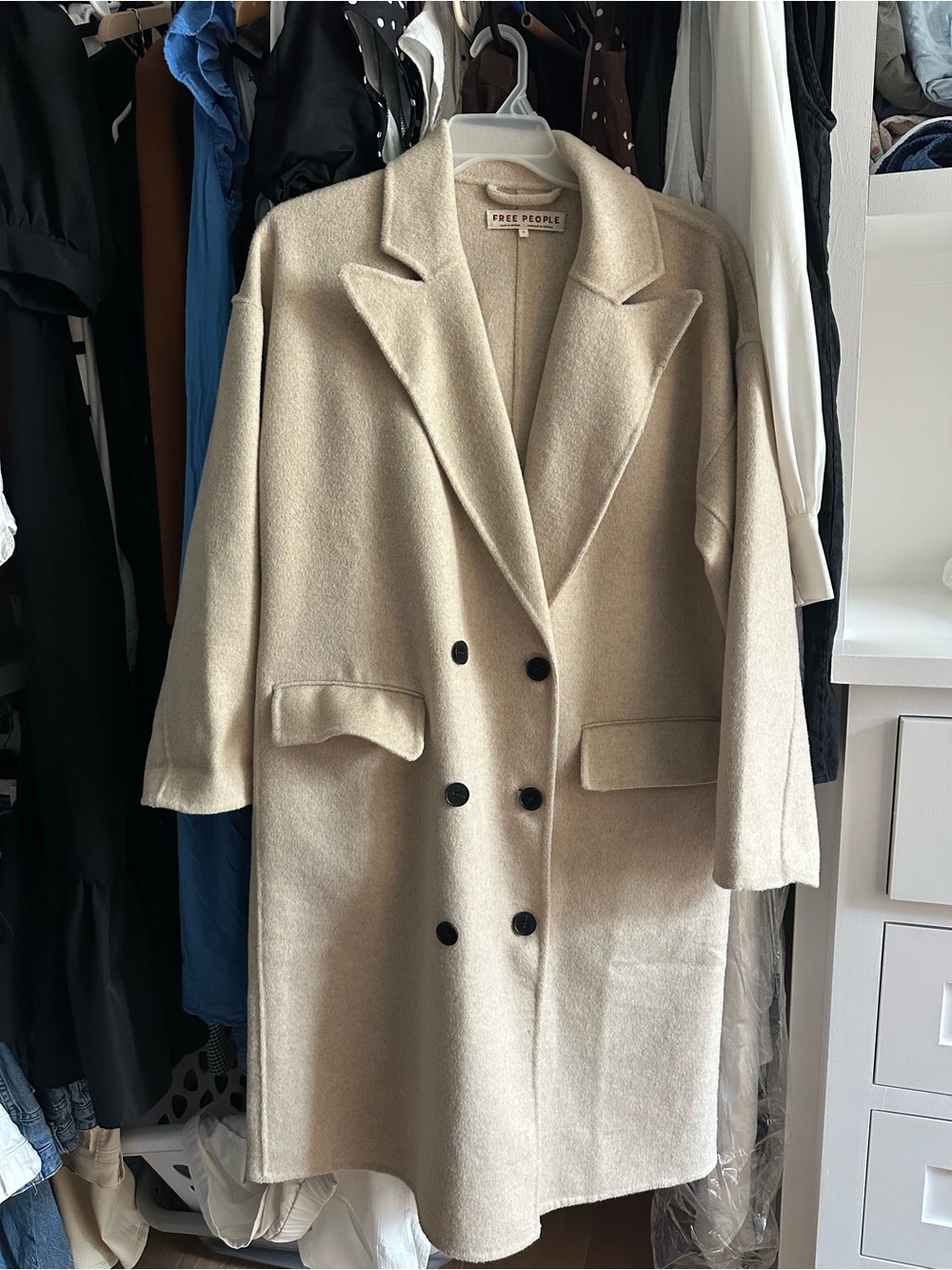 Free People Cream Double-Breasted Wool Trench Coat